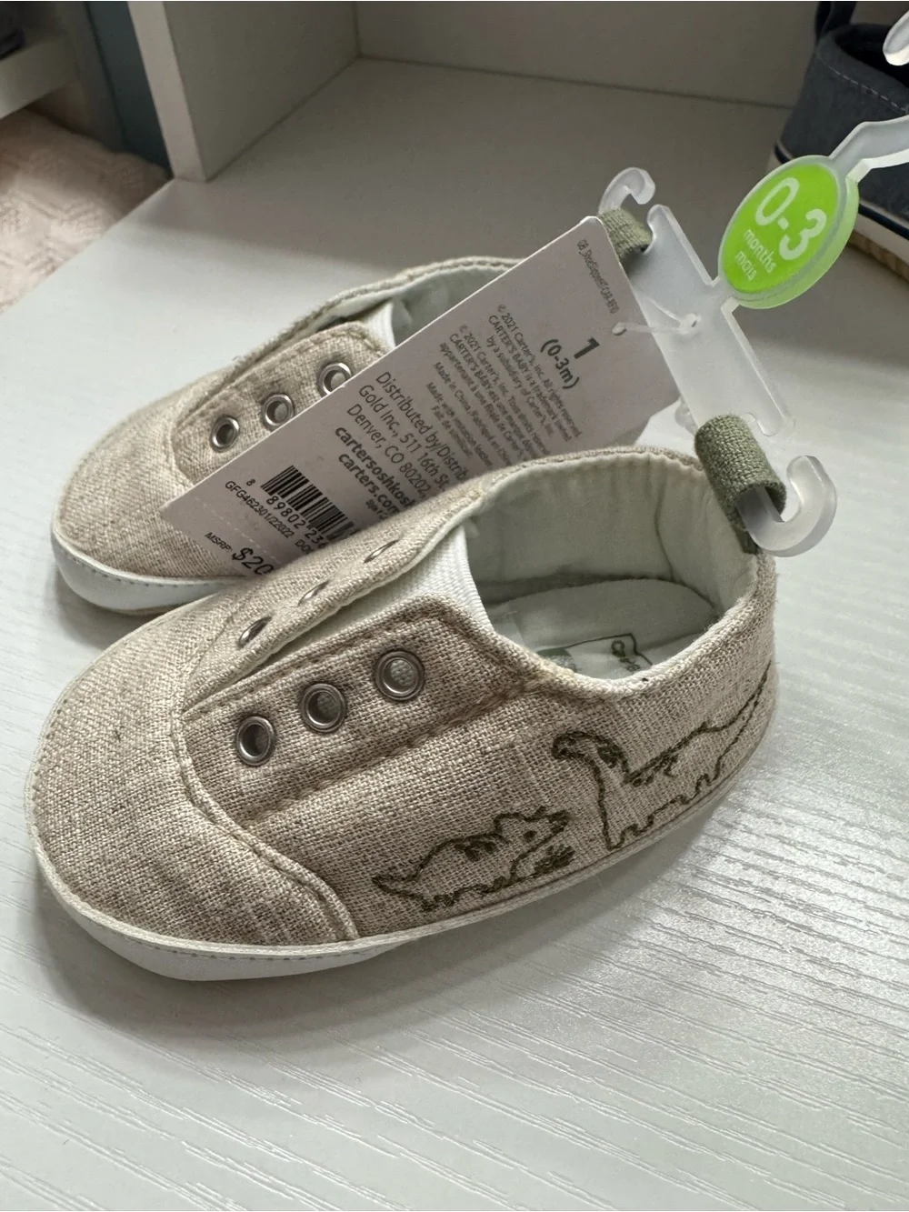 Carter's Beige Linen-Look Baby Slip-On Shoes with Green Dino Stitching